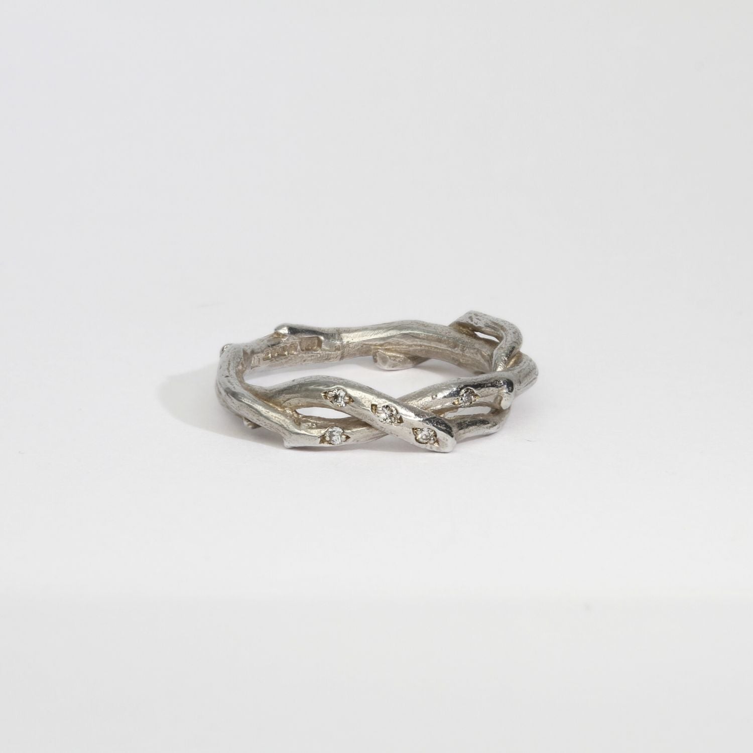 Double twig silver ring with diamonds by Charmian Ottaway
