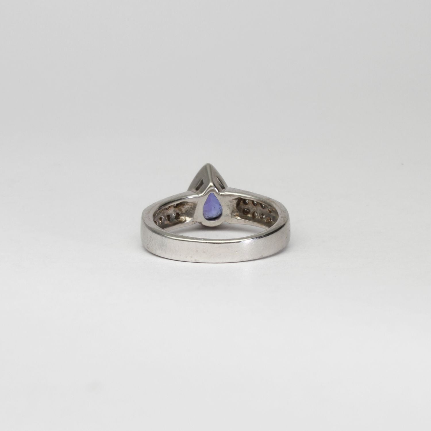 18ct white gold ring with teardrop tanzanite and diamonds by Duncan Eves