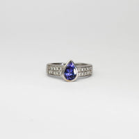18ct white gold ring with teardrop tanzanite and diamonds by Duncan Eves