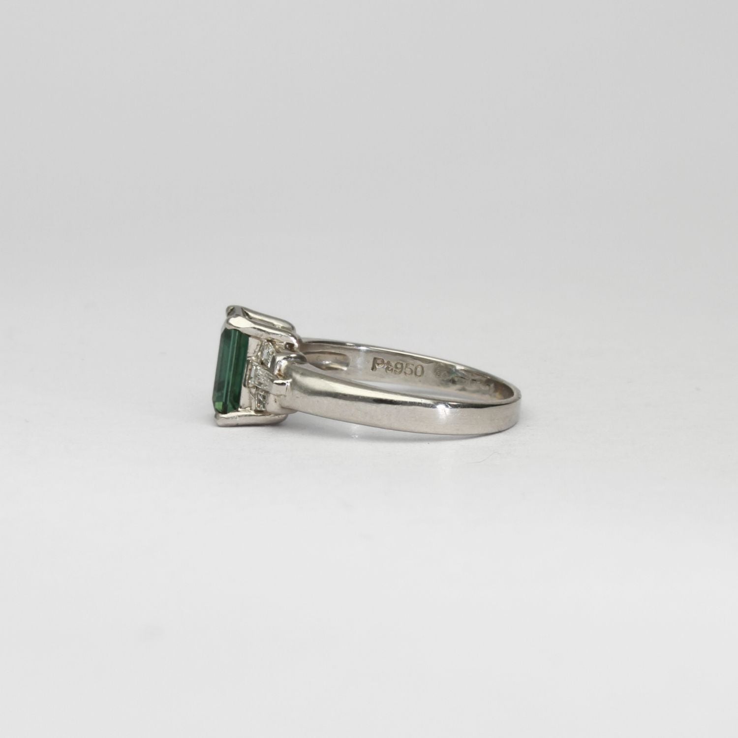 Platinum ring with green tourmaline and diamonds by Duncan Eves
