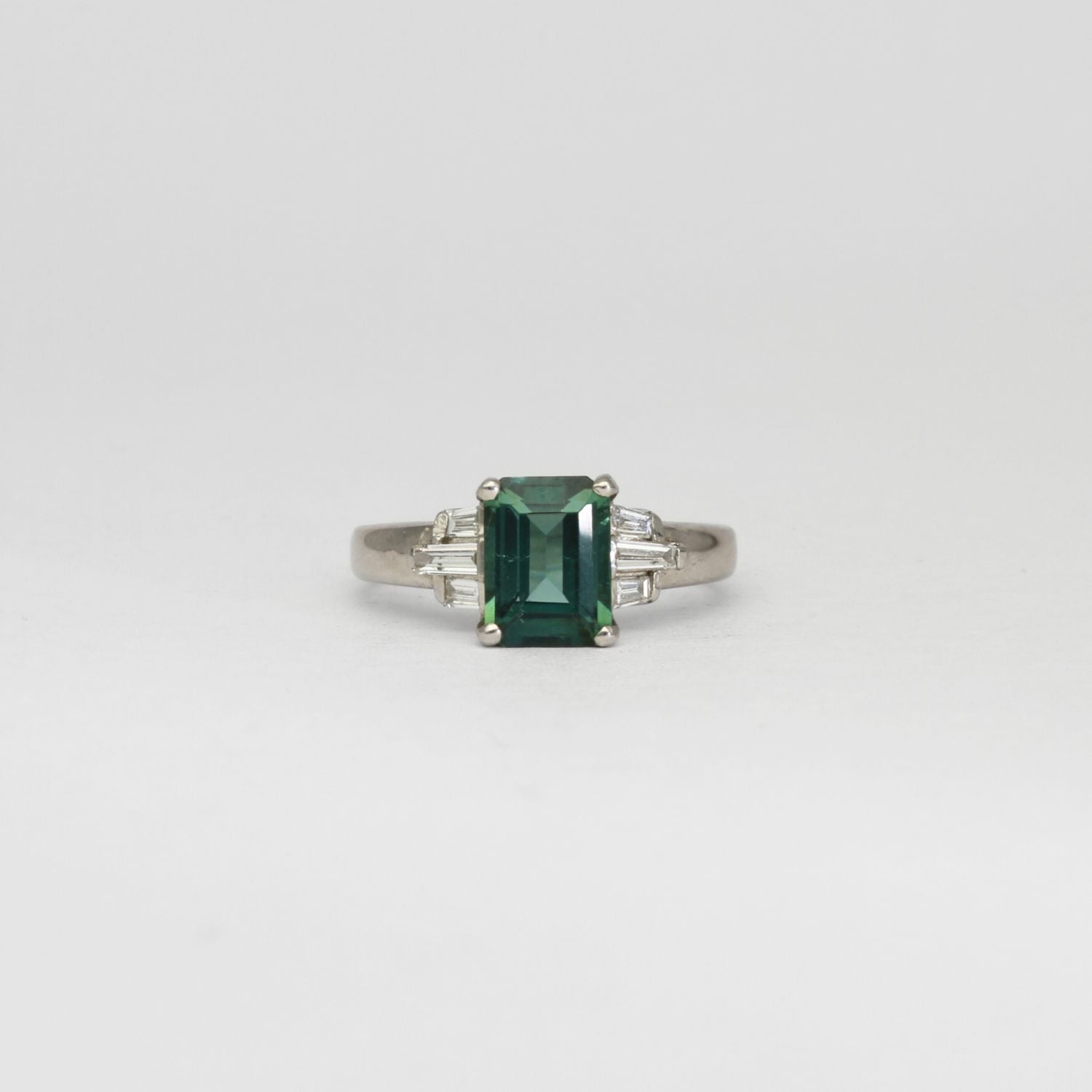 Platinum ring with green tourmaline and diamonds by Duncan Eves