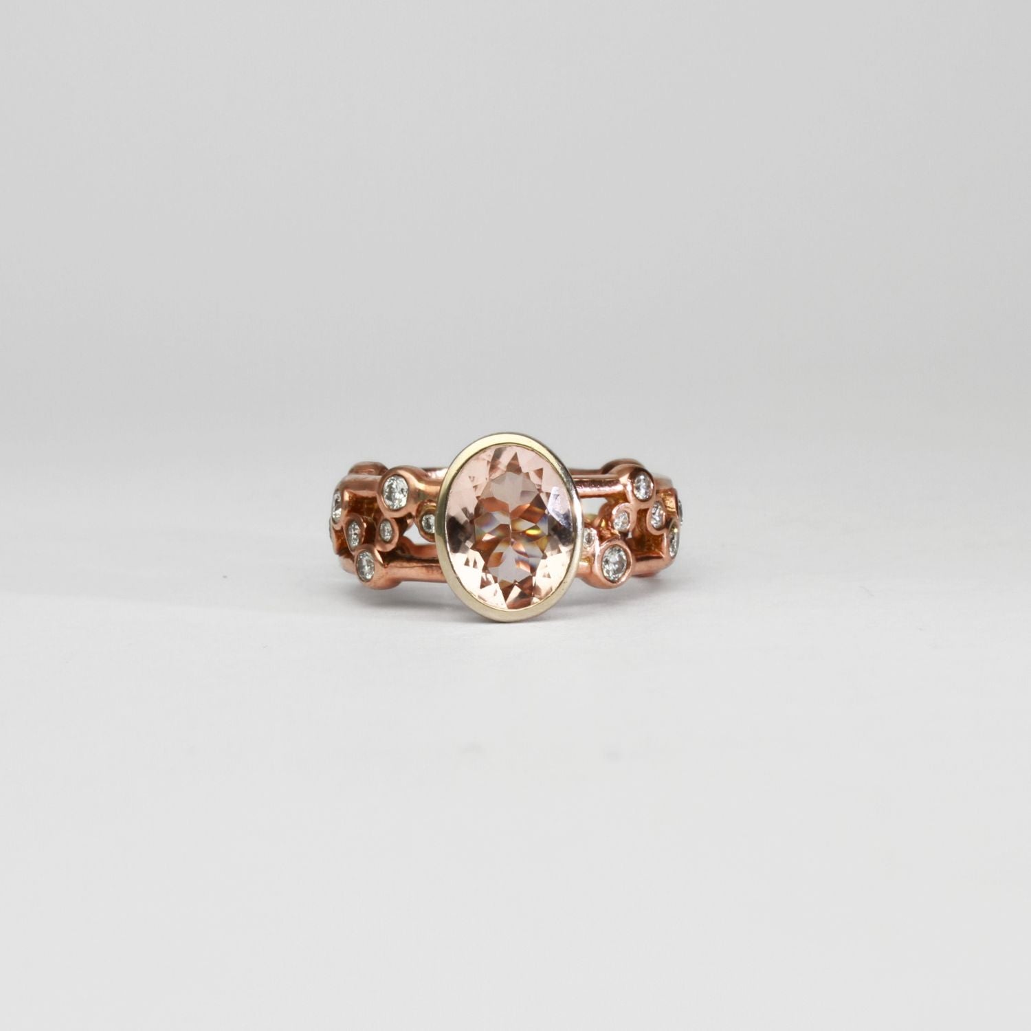 9ct rose gold ring with morganite and diamonds by Duncan Eves