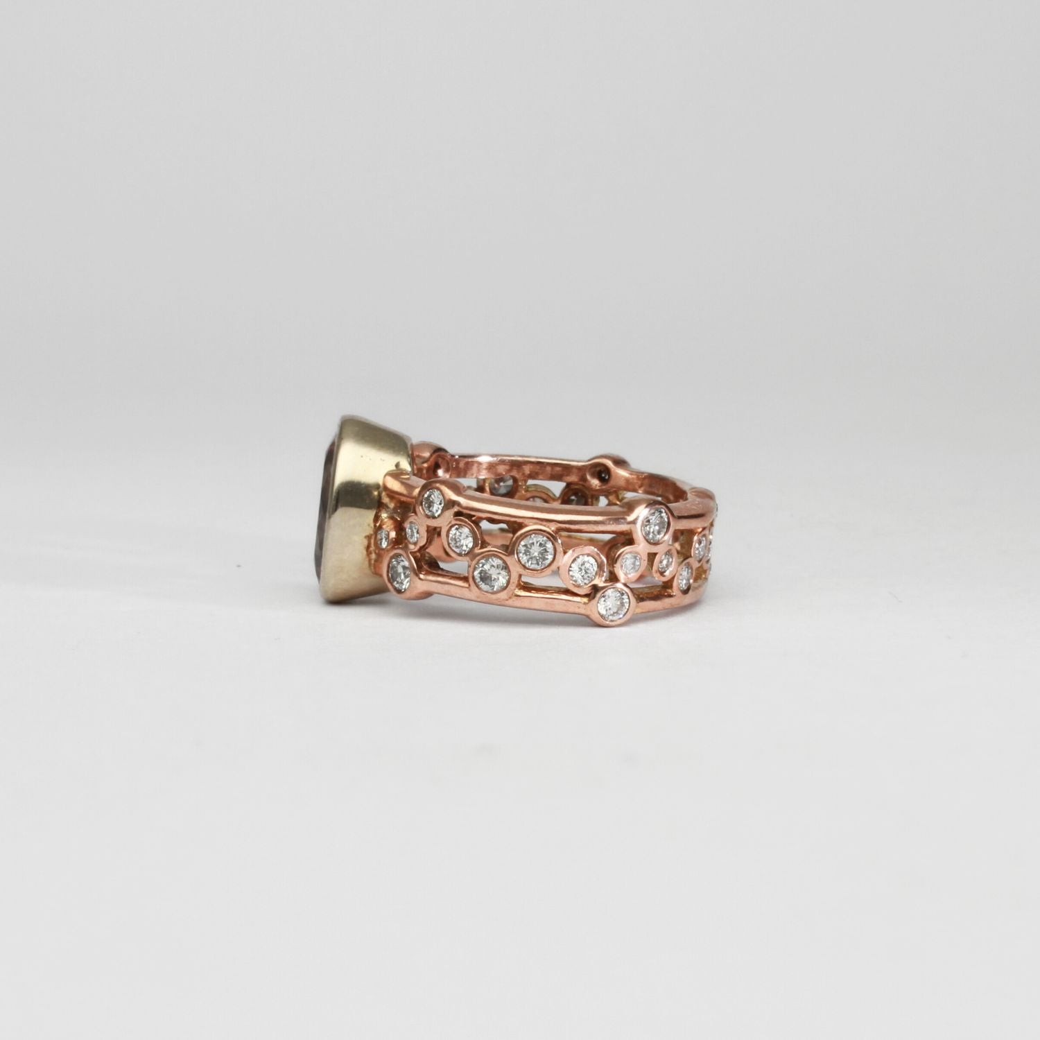9ct rose gold ring with morganite and diamonds by Duncan Eves