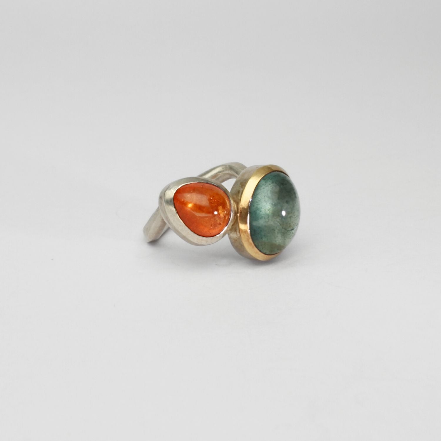 Aquamarine & mandarin garnet silver & 18ct gold ring by Emily Thatcher