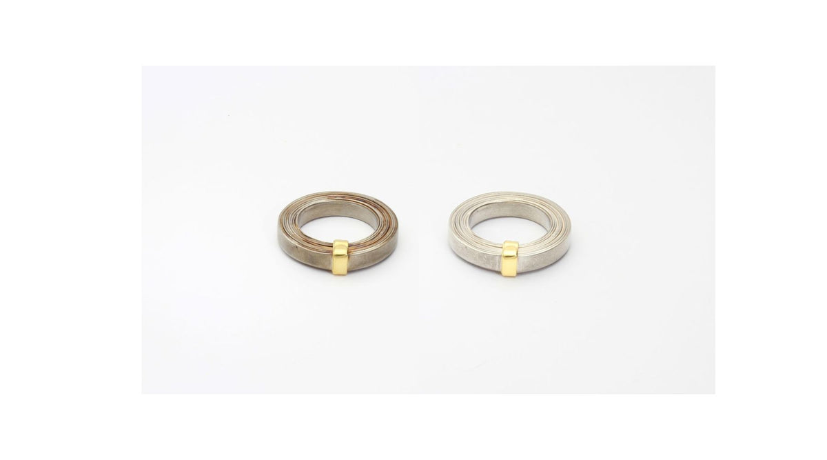 before and after cleaning -Silver and 22ct gold strata rings contemporary welsh inspired by slate and the Welsh landscape