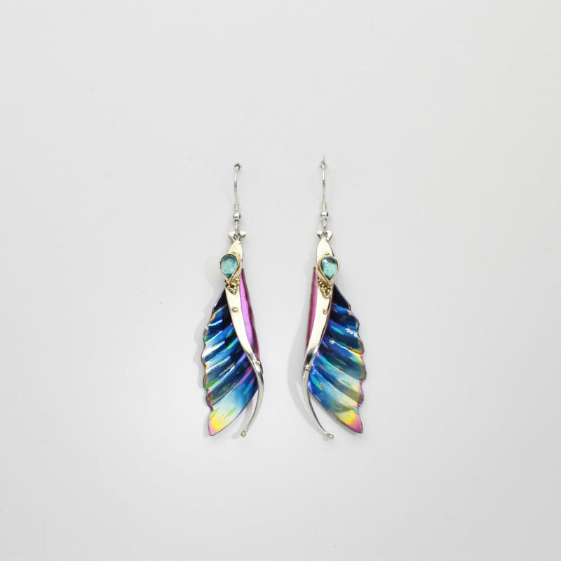 Earrings - wave niobium, silver & 18ct gold with blue topaz hook earrings by Brian Eburah