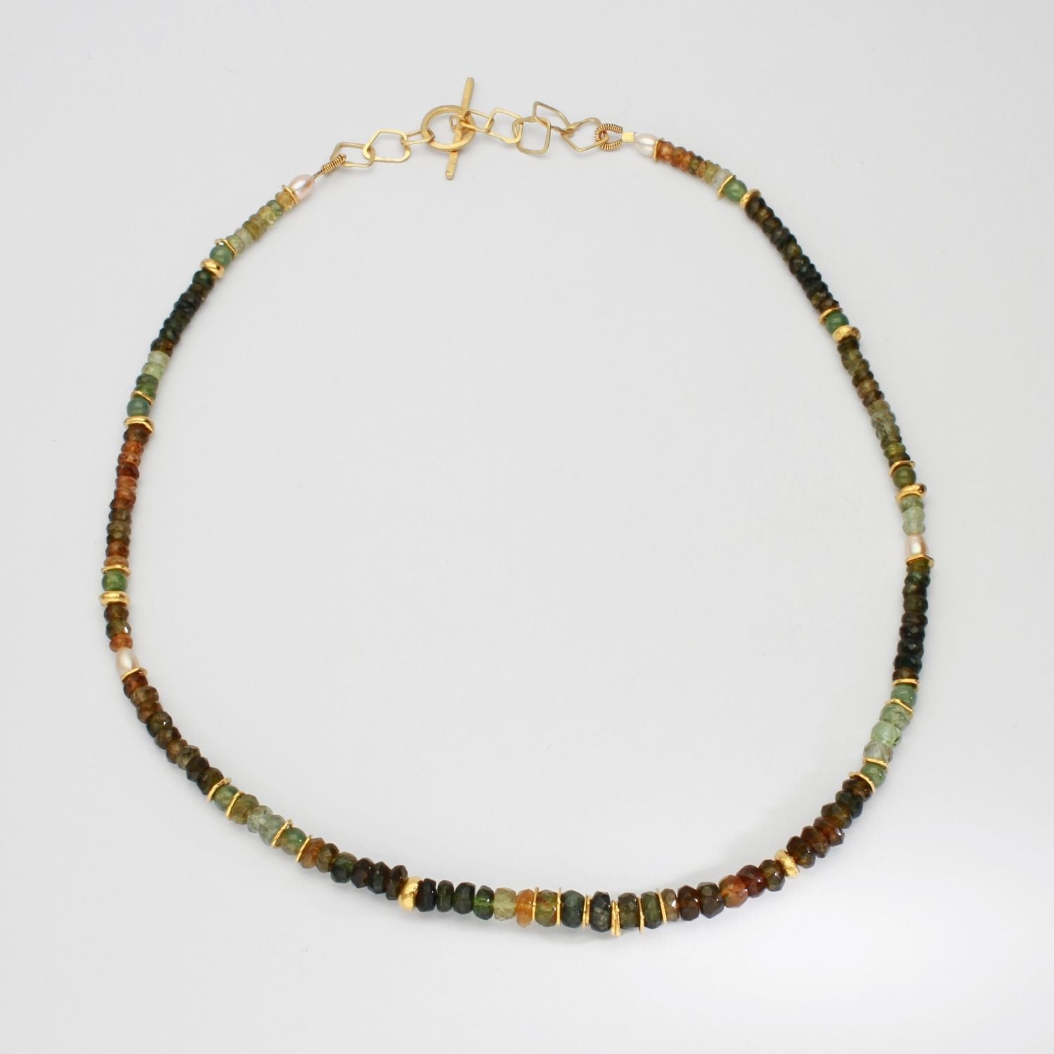 Green & gold tourmaline, green quartz & pearl 24kt gold plated beaded necklace by Bea Jareno