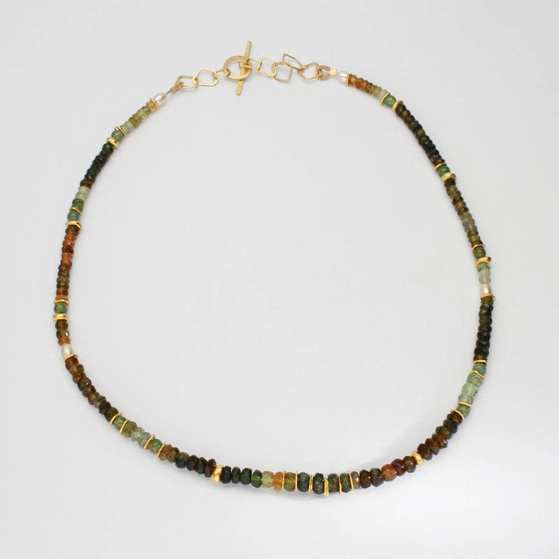 Green & gold tourmaline, green quartz & pearl 24kt gold plated beaded necklace by Bea Jareno