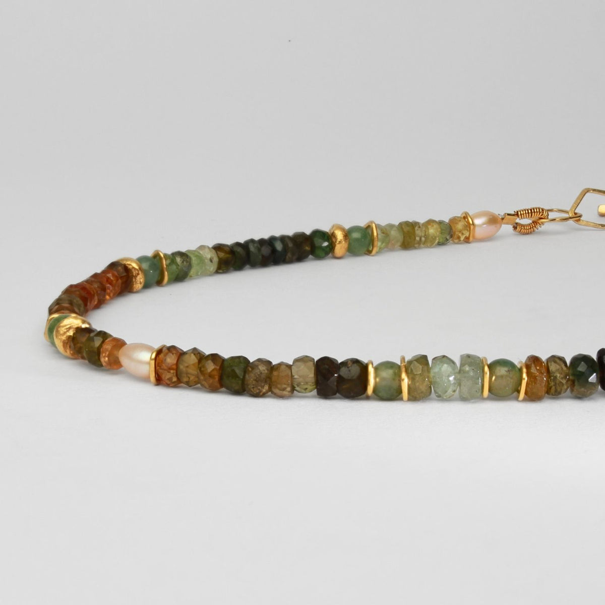Green & gold tourmaline, green quartz & pearl 24kt gold plated beaded necklace by Bea Jareno