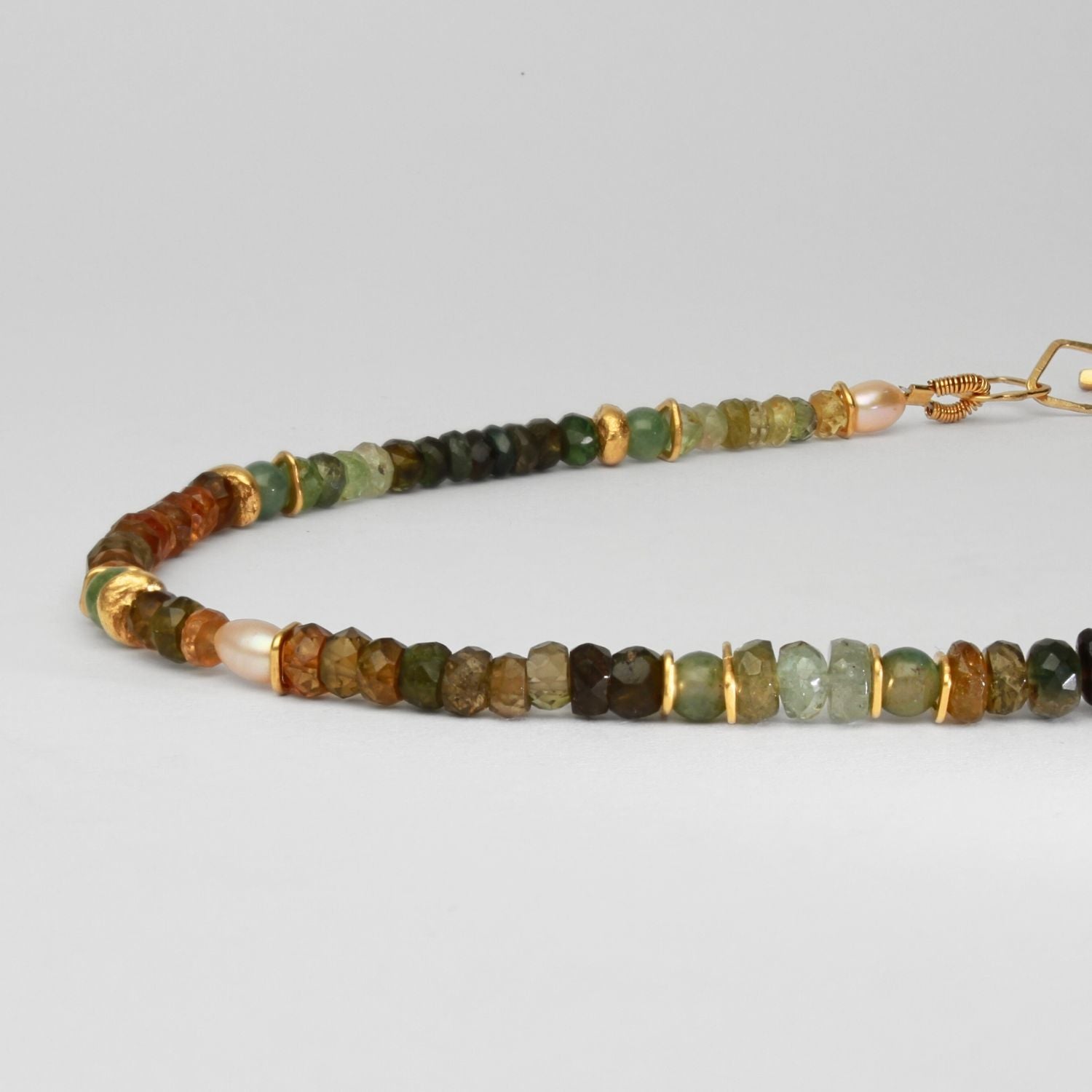 Green & gold tourmaline, green quartz & pearl 24kt gold plated beaded necklace by Bea Jareno