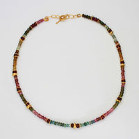 Indian summer beaded necklace with 24kt gold plating, tourmalines & red mozambique garnet details  by Bea Jareno