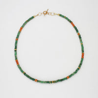 Indian summer beaded gold plated necklace with Emerald & Carnerlian gemstones by Bea Jareno