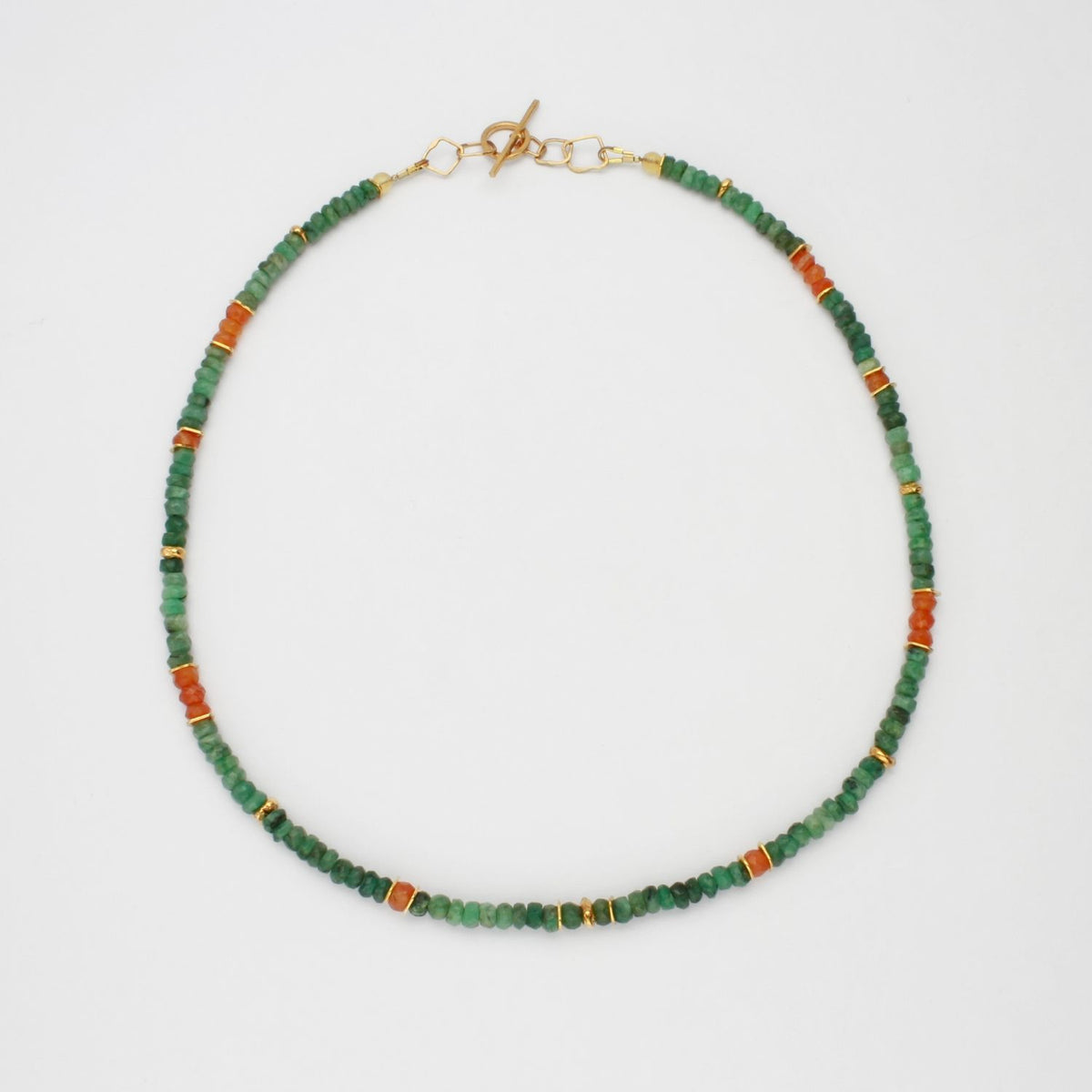 Indian summer beaded gold plated necklace with Emerald & Carnerlian gemstones by Bea Jareno