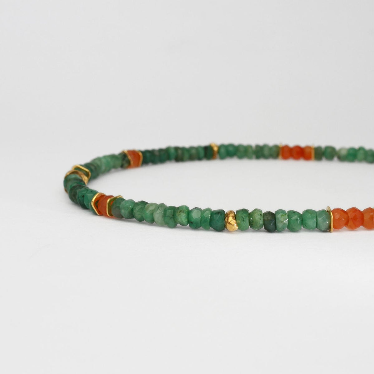 Indian summer beaded gold plated necklace with Emerald & Carnerlian gemstones by Bea Jareno