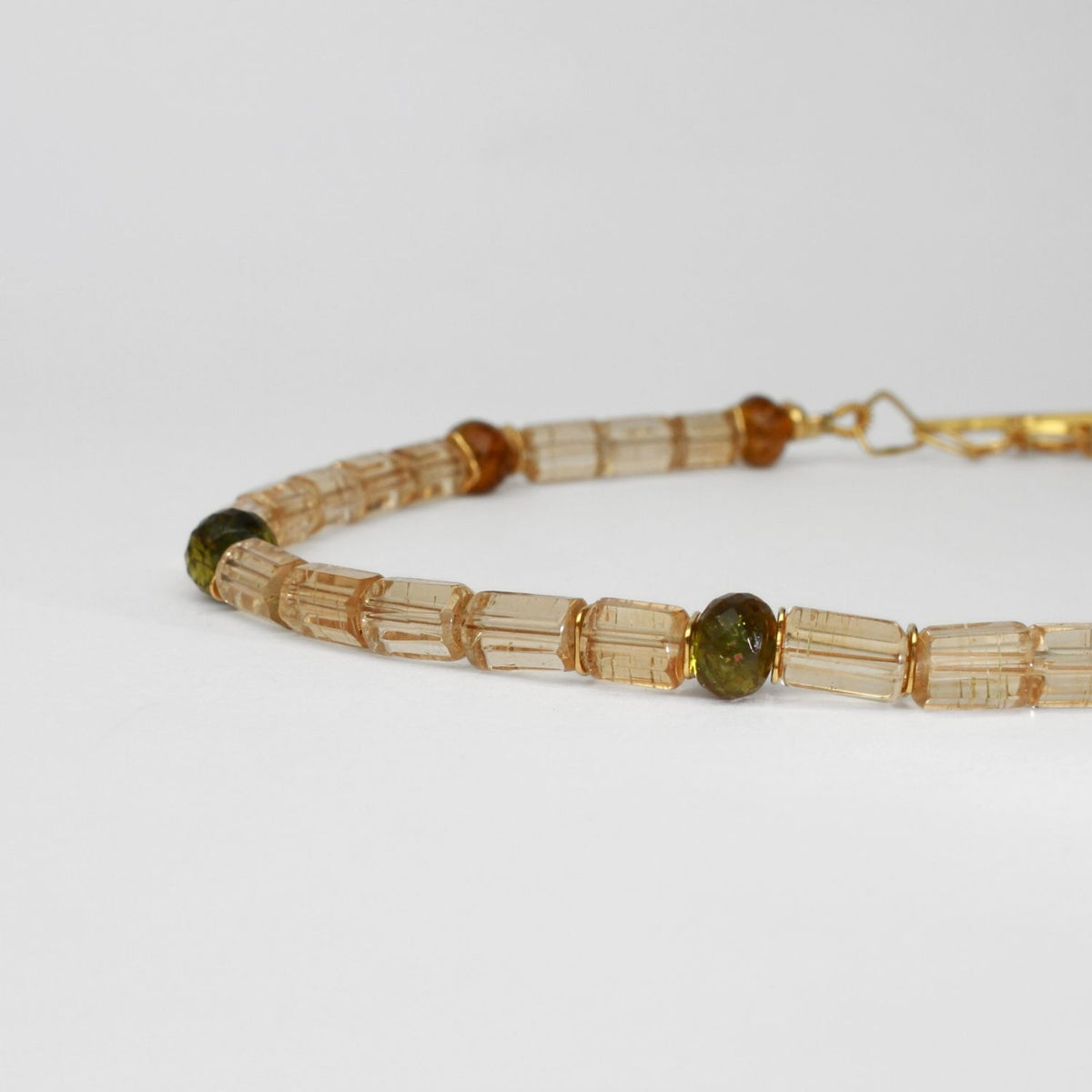 Indian summer necklace 24kt gold plating with tube gold citrine, green & patro tourmaline beads by Bea Jareno