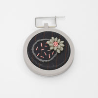 Brooch - Pink & navy with beading on cotton by Beatrice Mayfield