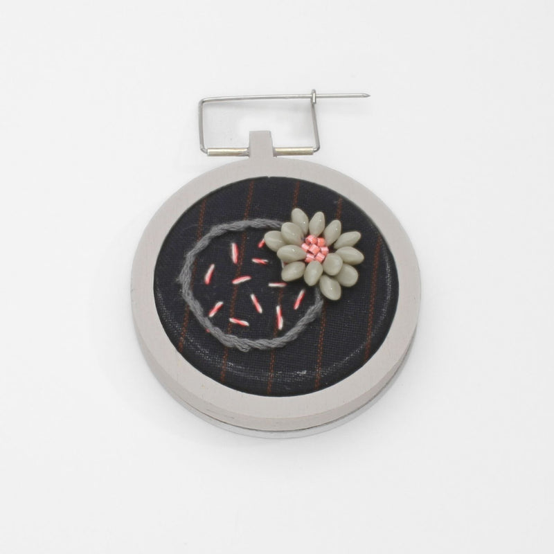 Brooch - Pink & navy with beading on cotton by Beatrice Mayfield