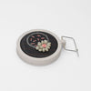 Brooch - Pink & navy with beading on cotton by Beatrice Mayfield