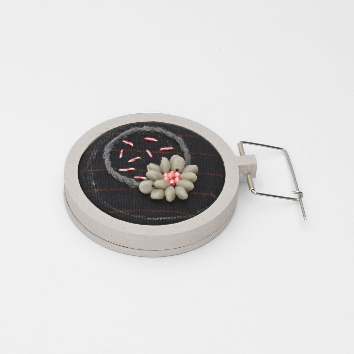 Brooch - Pink & navy with beading on cotton by Beatrice Mayfield