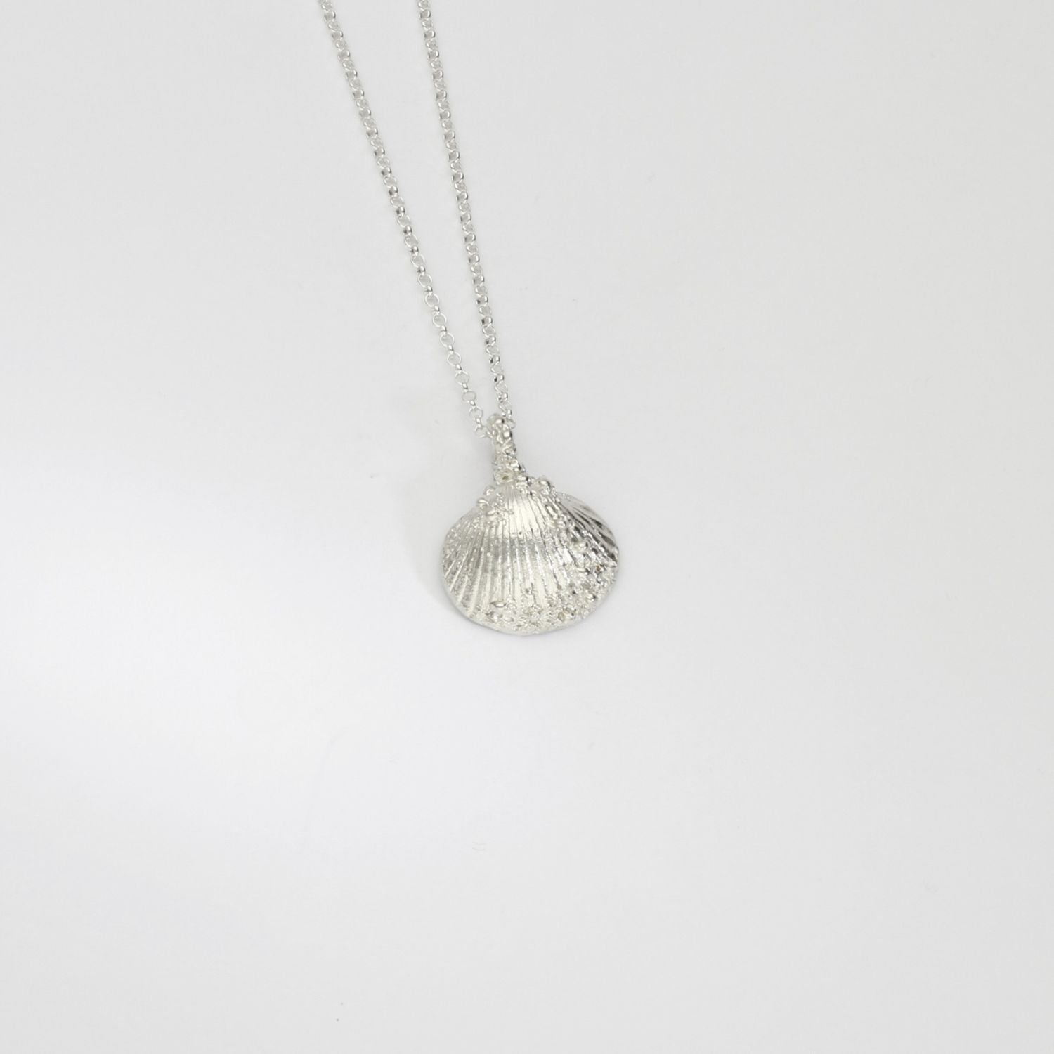 Silver cockle shell pendant by Blae Maddrell