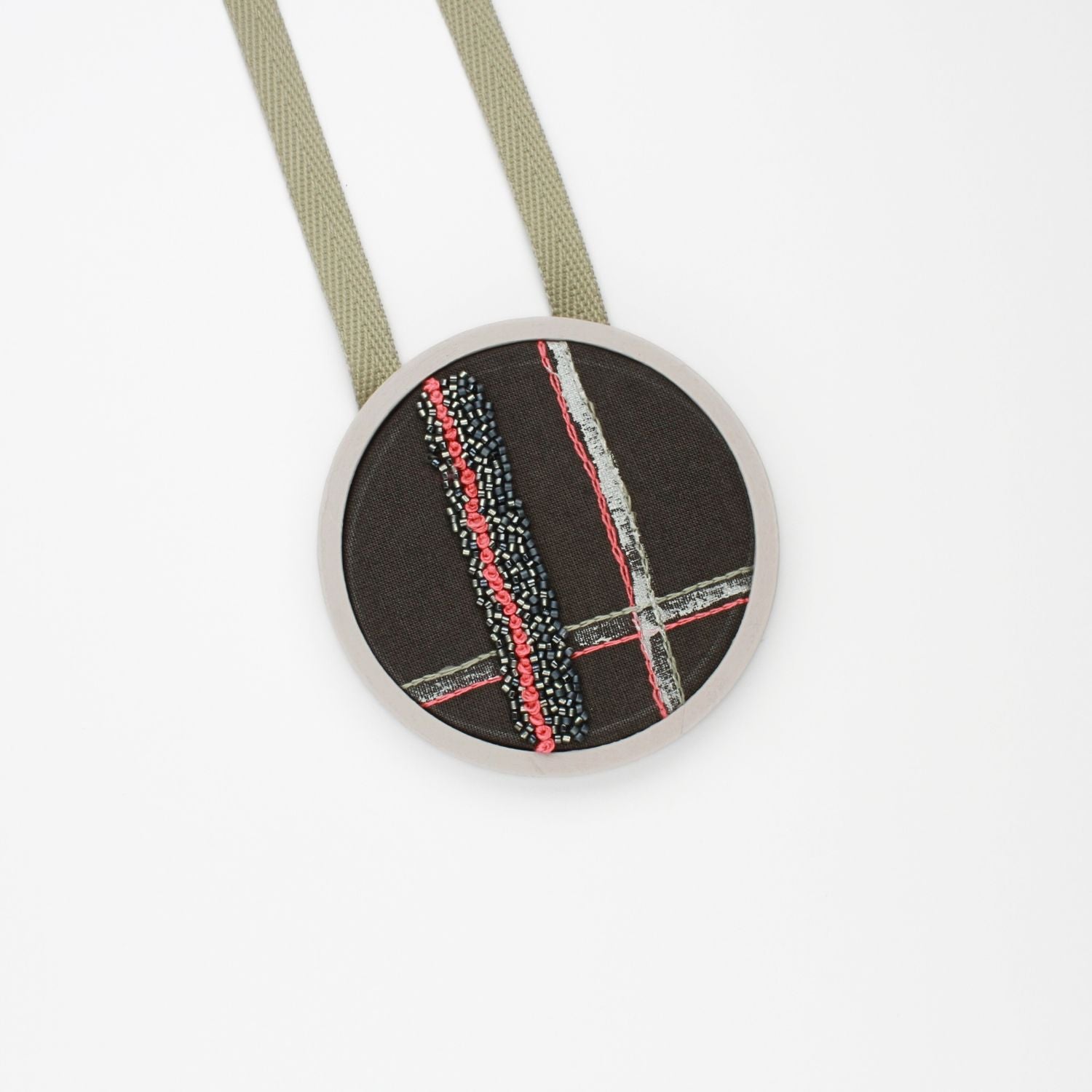 Necklace - medium embroidered & beaded with glass beads on cotton by Beatrice Mayfield