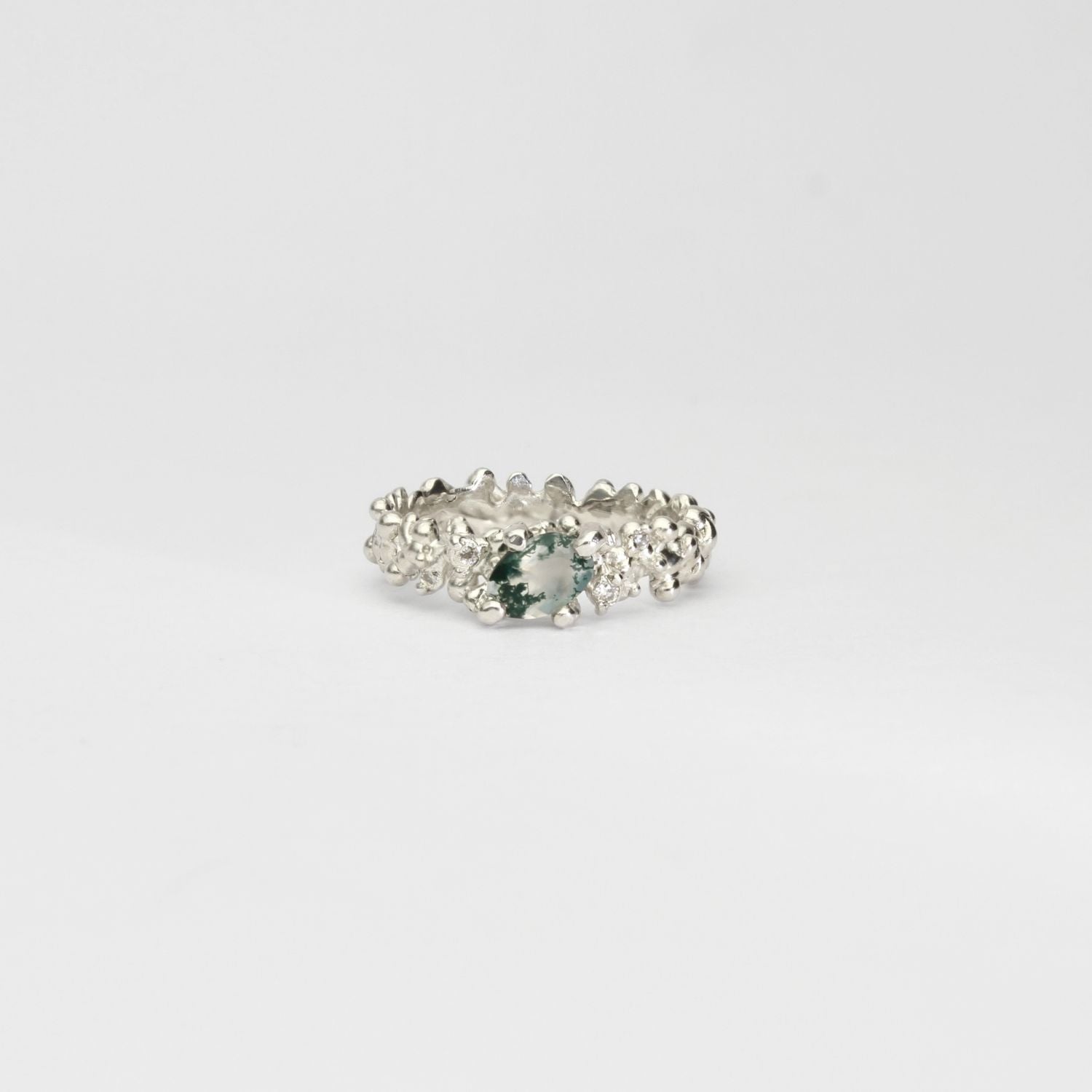 Silver moss agate & moissanite ring by Blae Maddrell