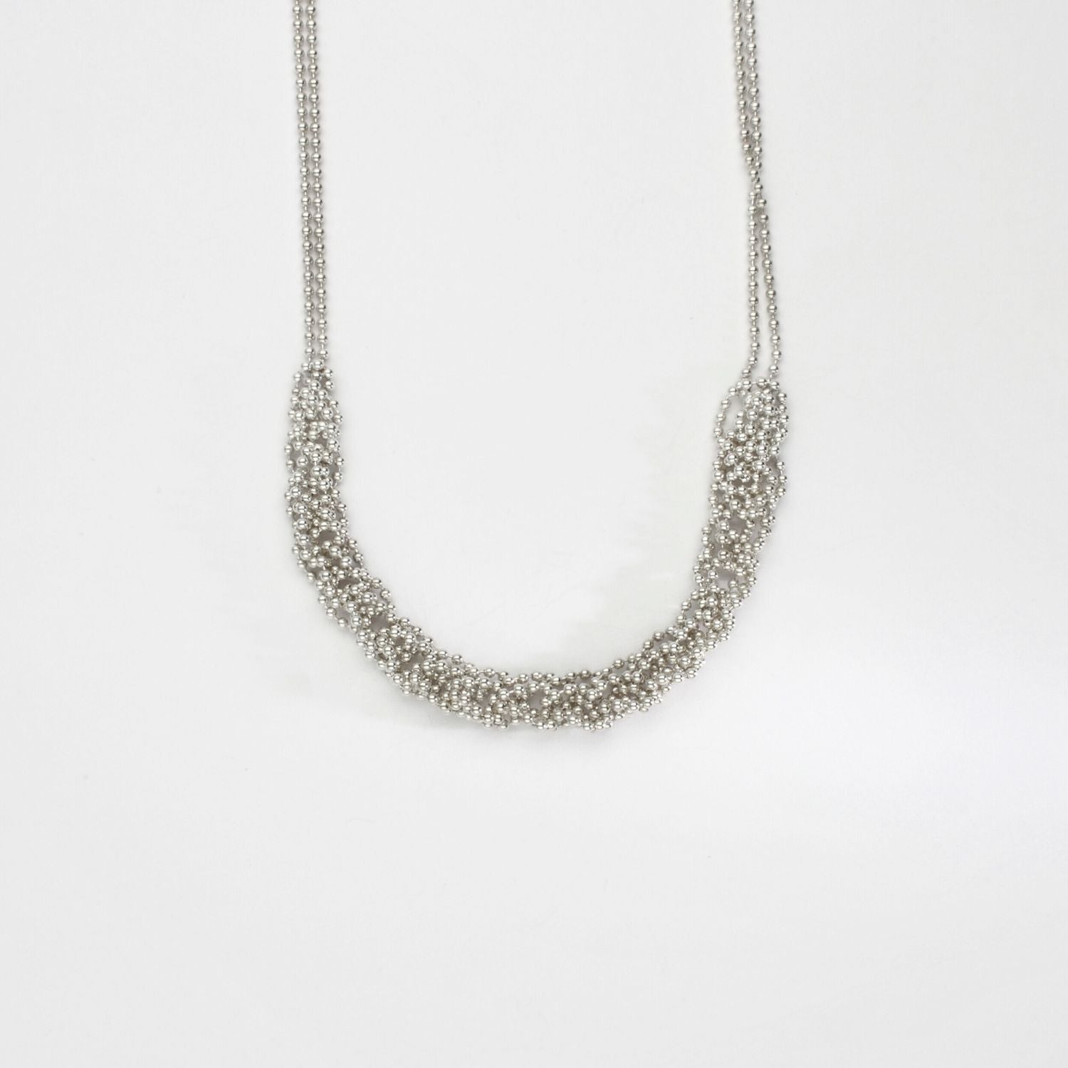 Crochet in front double row silver ball chain necklace by Sabine Roth