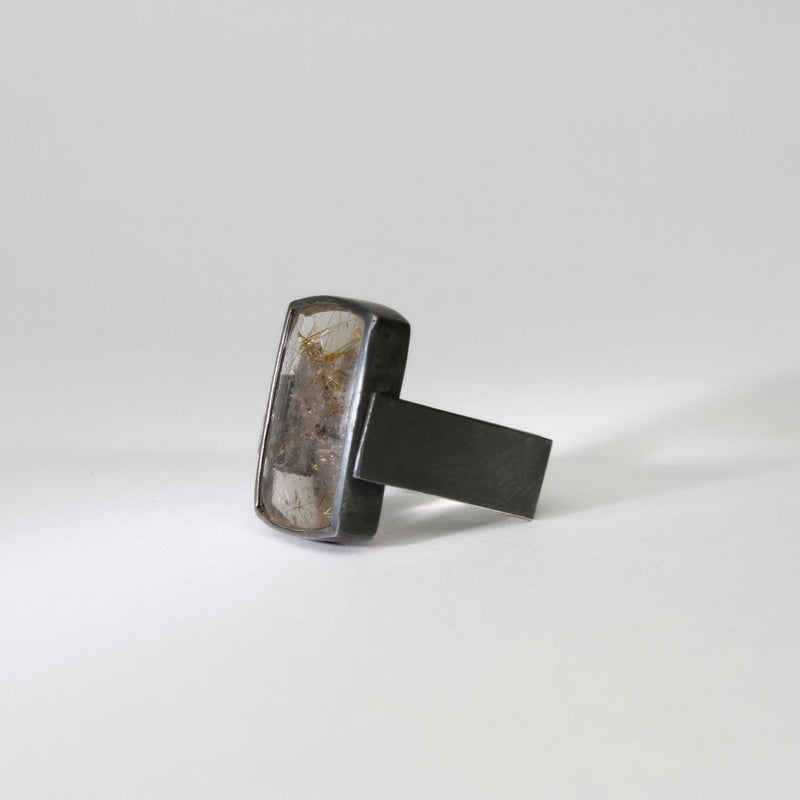 Rutilated quartz Monolith black silver ring by Chris Boland