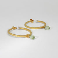 Textured hoops with green quartz silver with 22ct gold plating by Charlotte Reid