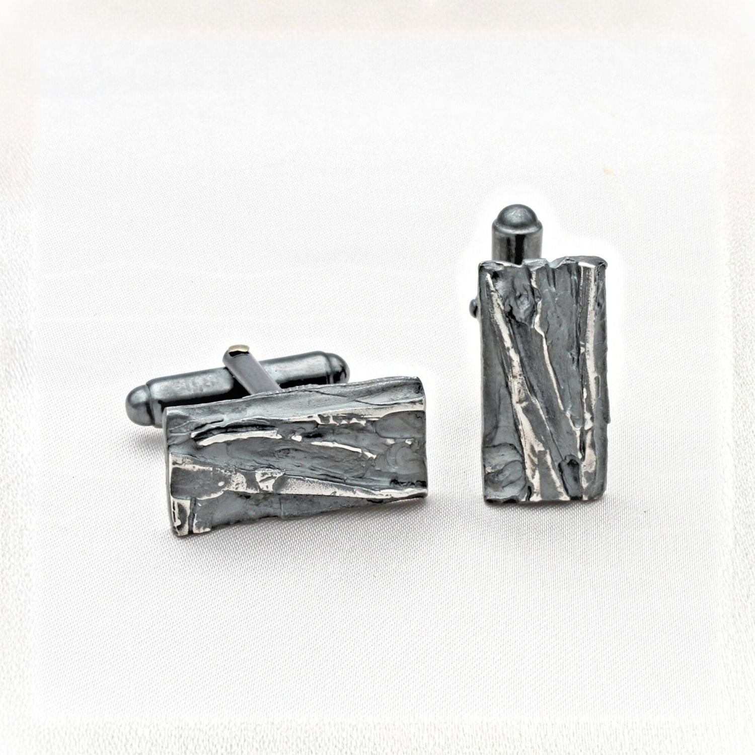 Carved: Rectangular Black Silver Cufflinks