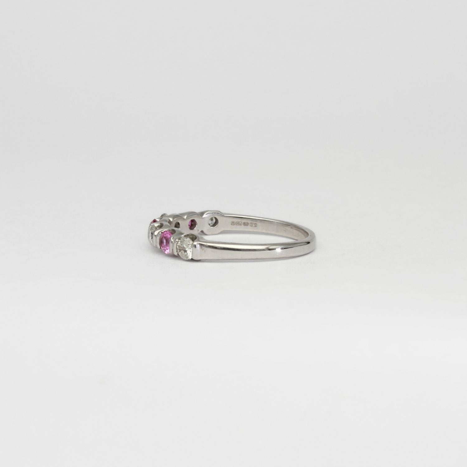 18ct white gold ring with pink sapphires and diamonds by Duncan Eves