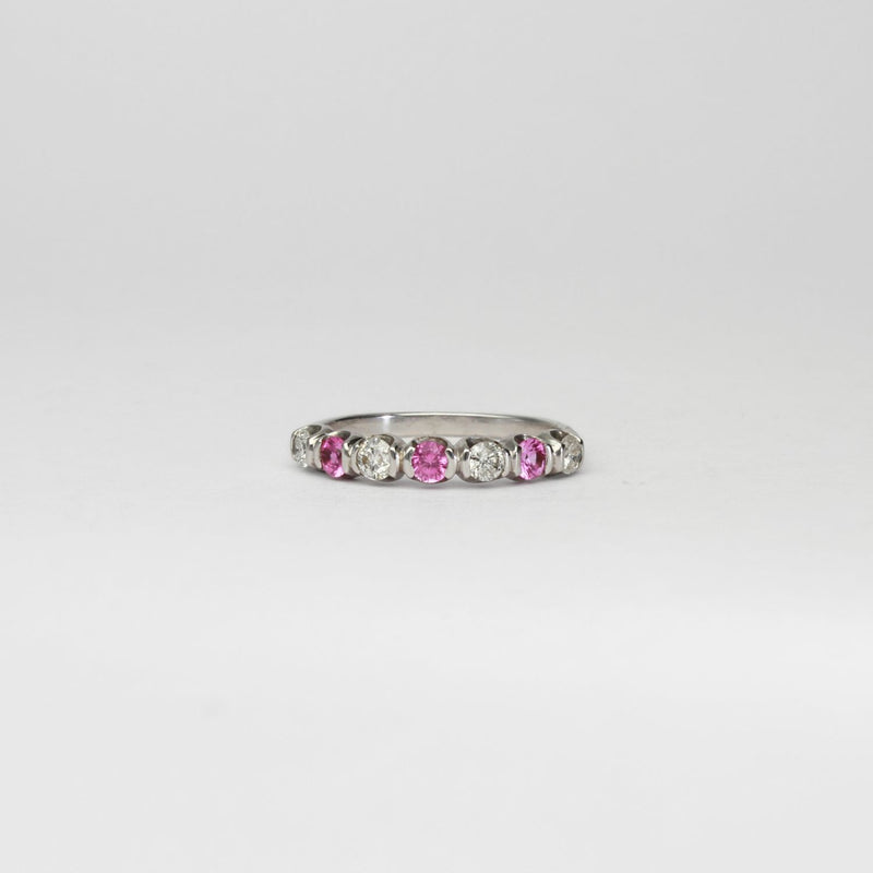 18ct white gold ring with pink sapphires and diamonds by Duncan Eves