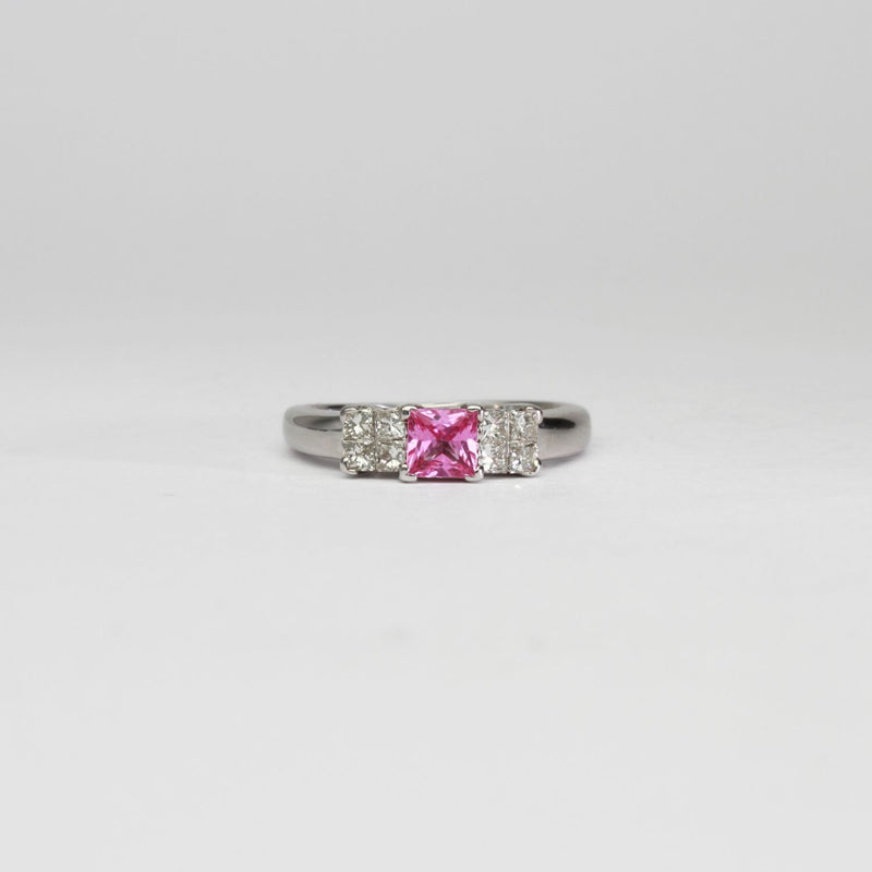 18ct white gold ring with pink sapphire and diamonds by Duncan Eves