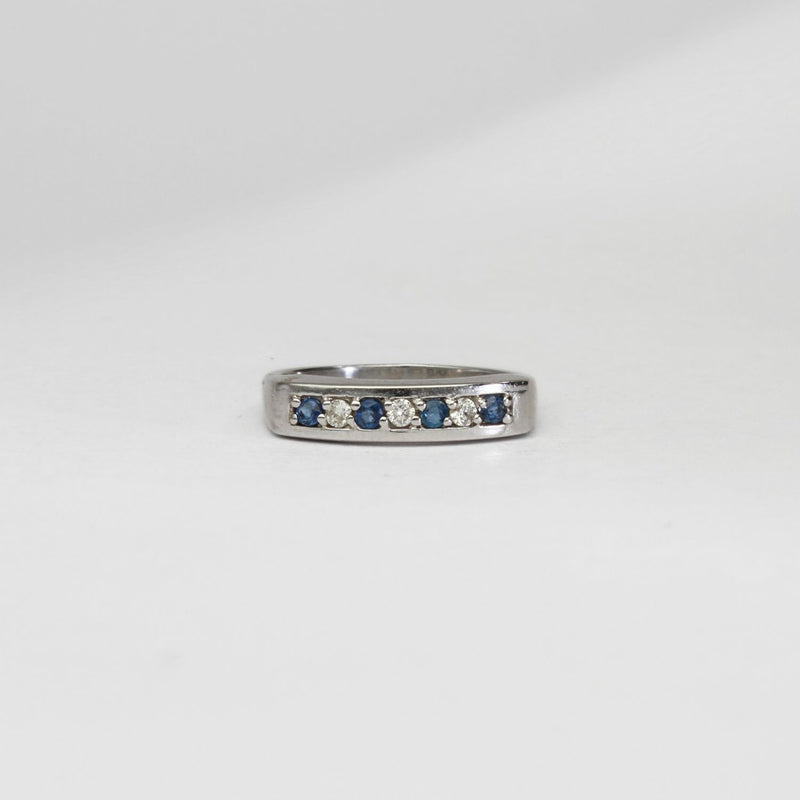 9ct white gold ring with blue sapphires and diamonds by D E Jewellery