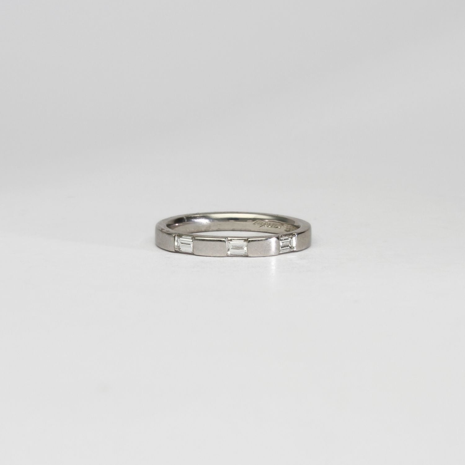 Platinum ring with 3 baguette diamonds by Duncan Eves