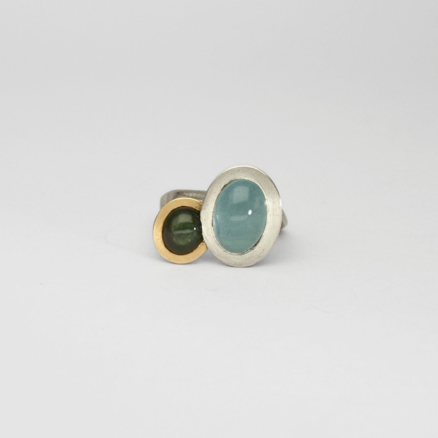 Aquamarine & green sapphire silver & 18ct gold ring by Emily Thatcher
