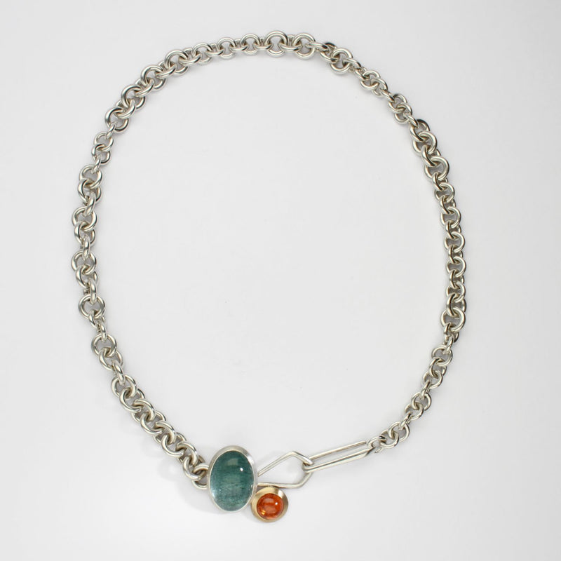 Camur heavy-weight necklace with aquamarine & mandarin garnet silver & 18ct gold by Emily Thatcher