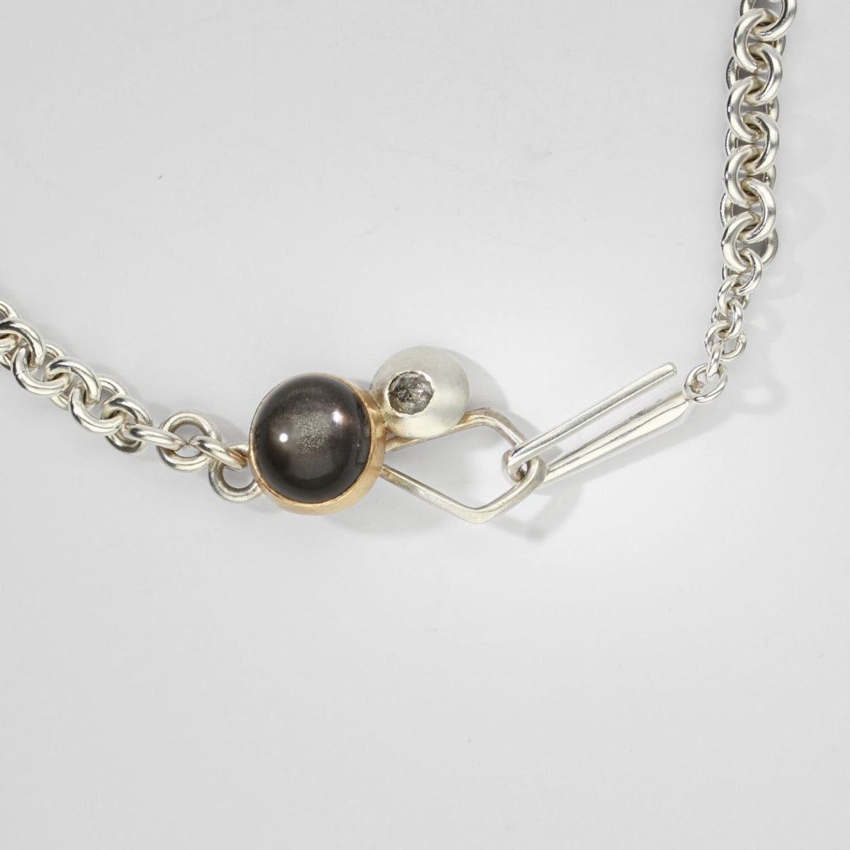 Camur medium-weight silver necklace with grey moonstone & rose cut salt & pepper diamond by Emily Thatcher