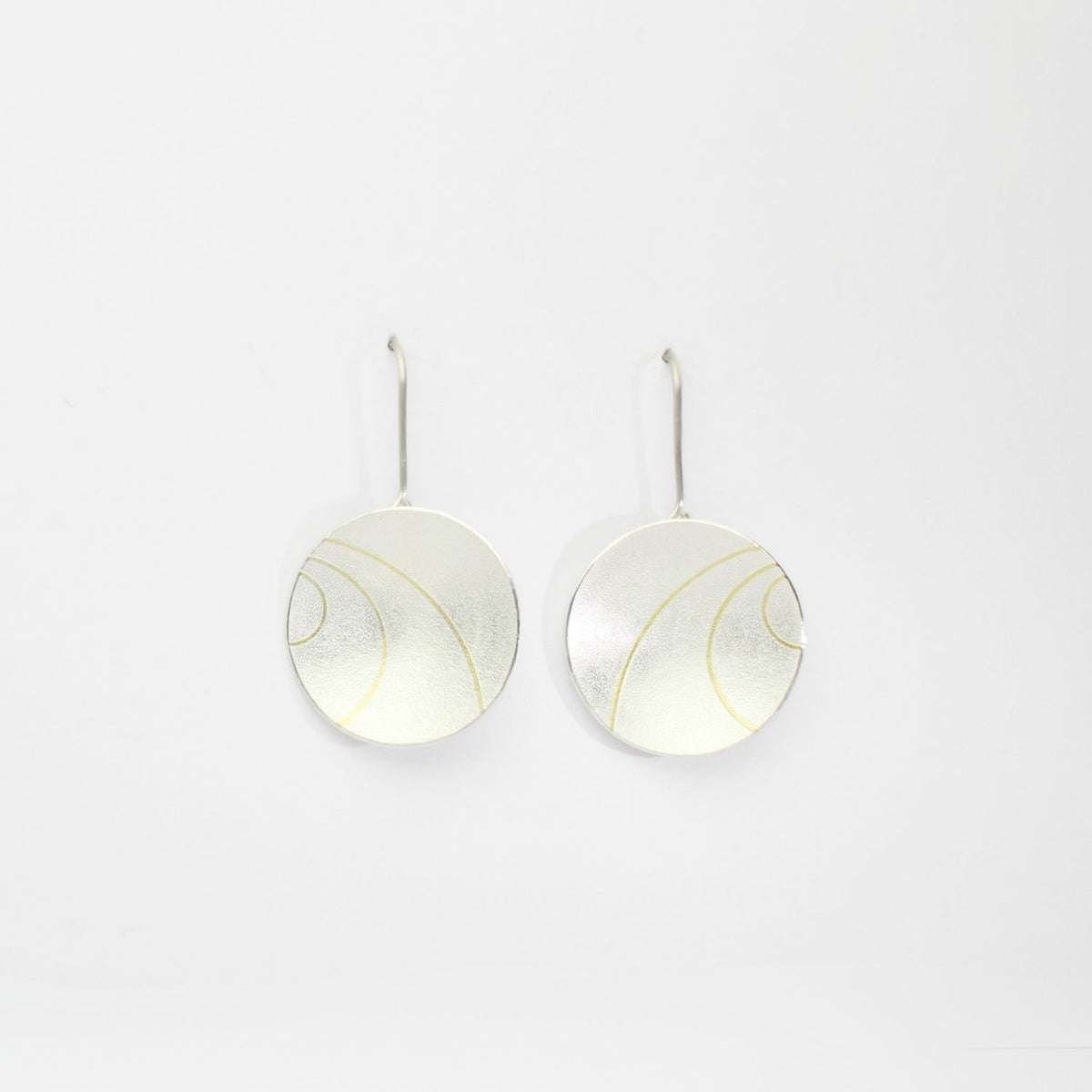 Large lunar 3 satin silver & 18ct gold drop earrings by Hannah Souter