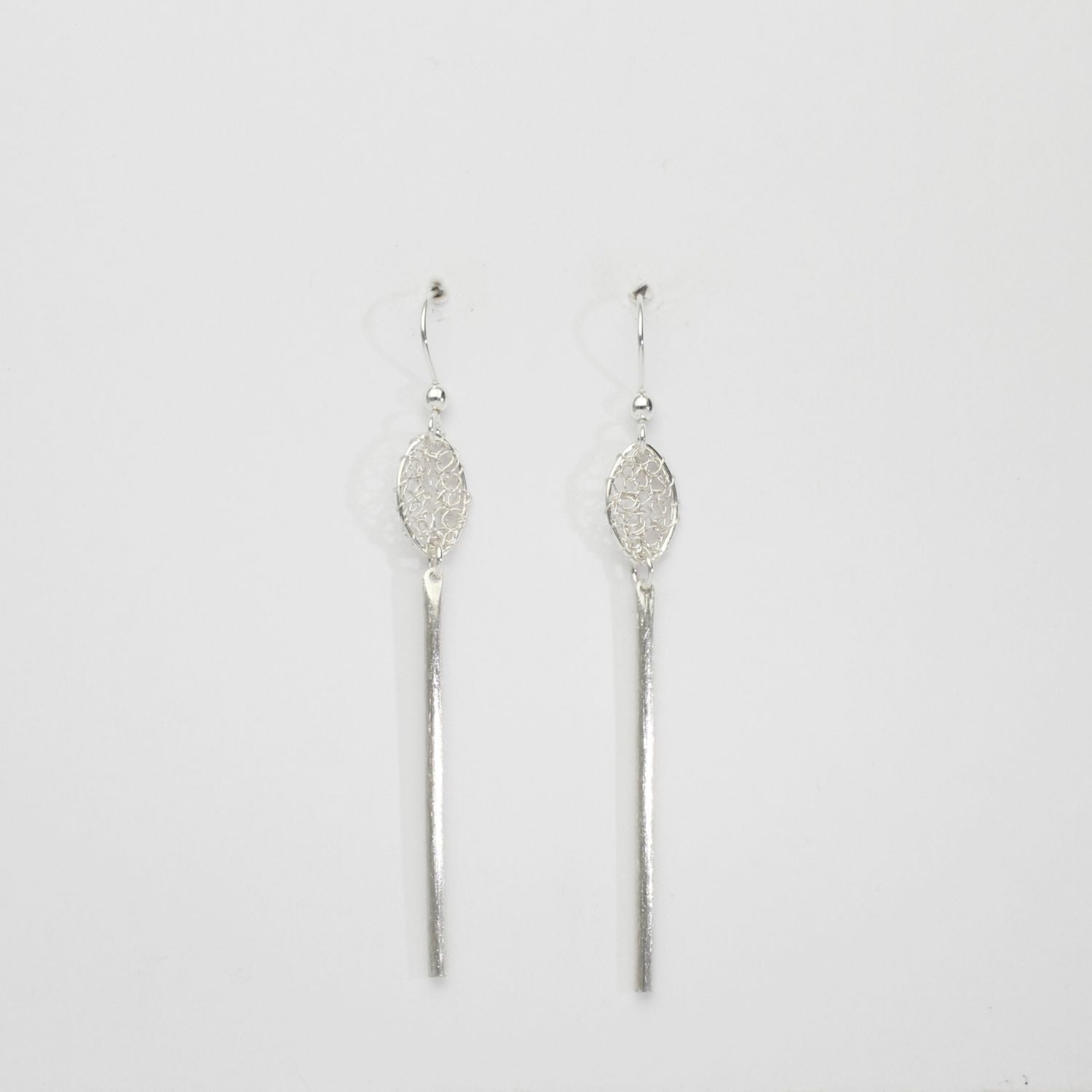 Oval lace & frosted rod silver hook earrings by Natalie Vardey