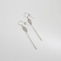 Oval lace & frosted rod silver hook earrings by Natalie Vardey