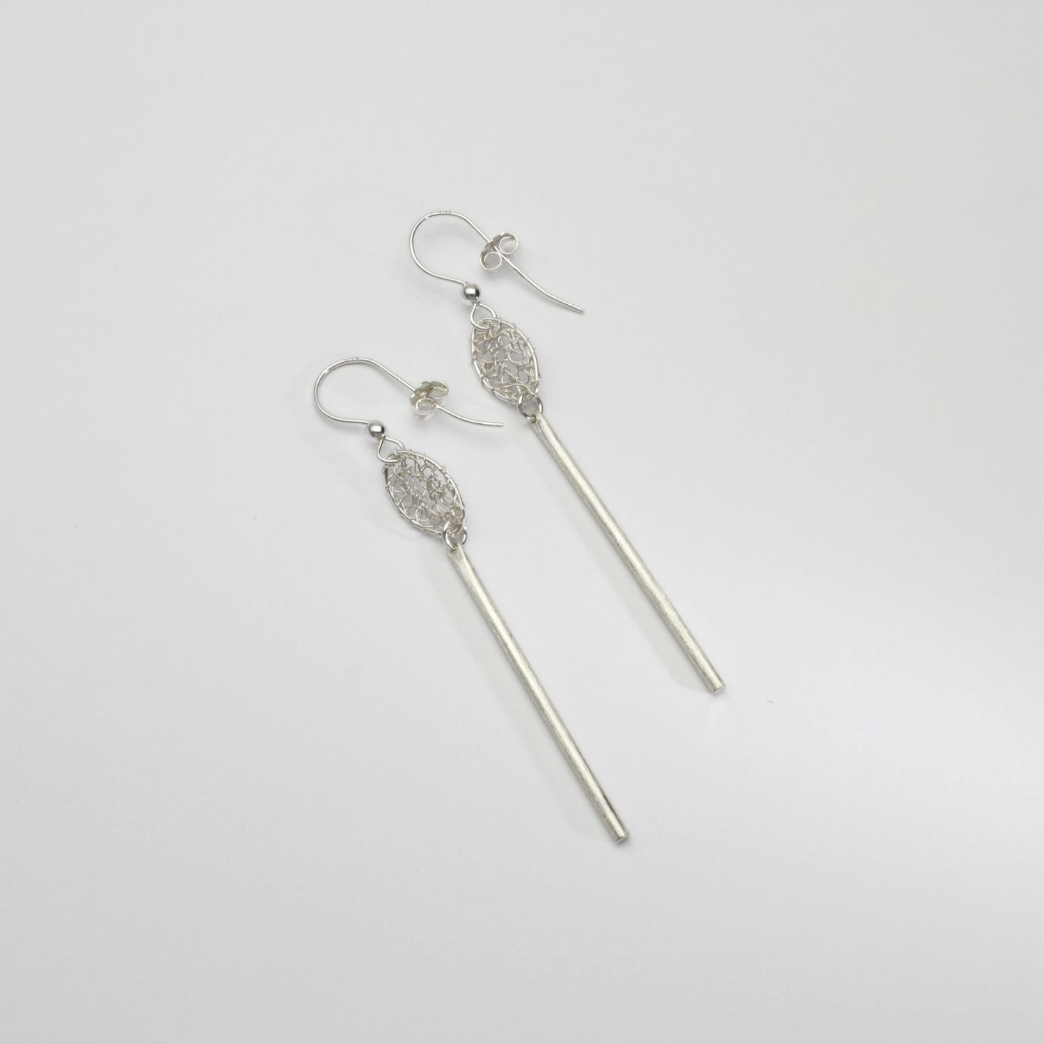 Oval lace & frosted rod silver hook earrings by Natalie Vardey