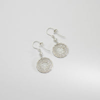 Lace circle & white pearl silver hook earrings by Natalie Vardey
