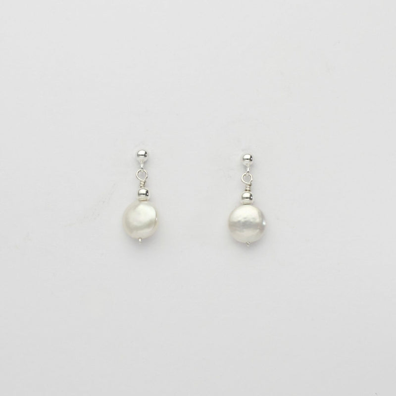 Small white coin pearl & bead stud earrings by Natalie Vardey