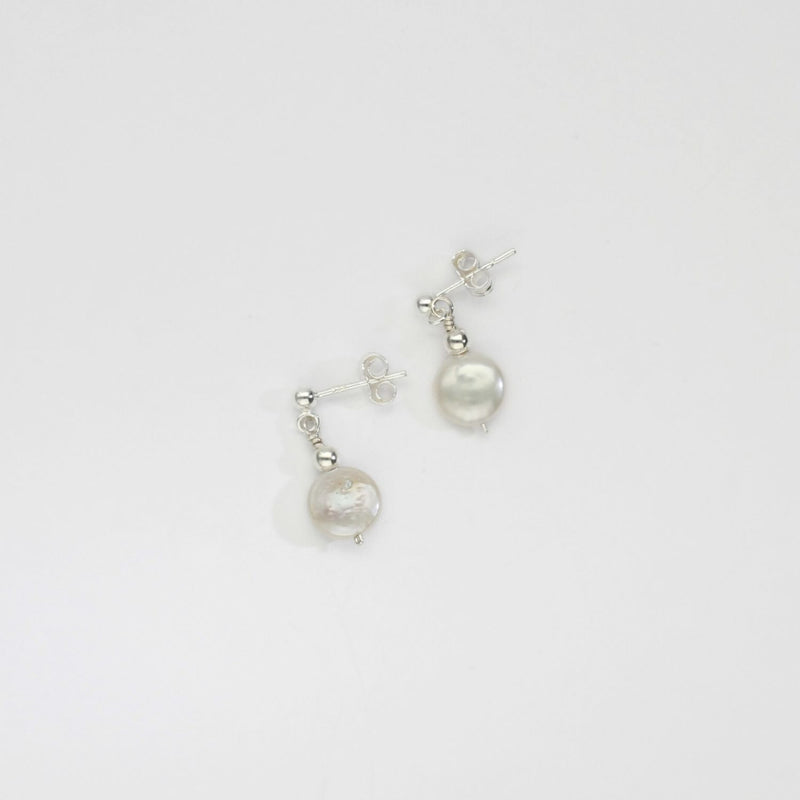 Small white coin pearl & bead stud earrings by Natalie Vardey