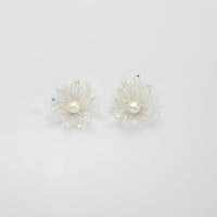 Flower frill white pearl & swarovski stud earrings by Natalie Vardey