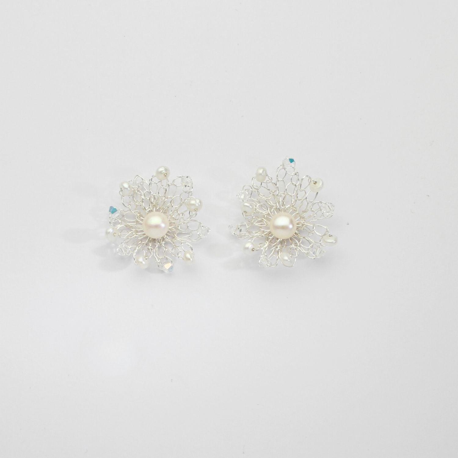 Flower frill white pearl & swarovski stud earrings by Natalie Vardey
