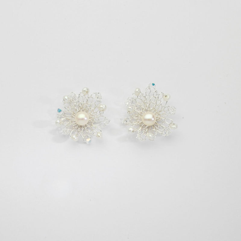 Flower frill white pearl & swarovski stud earrings by Natalie Vardey