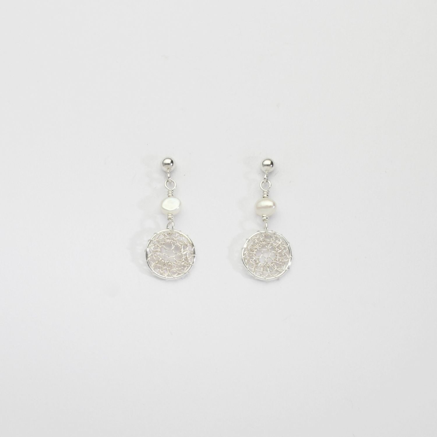 Small silver lace & white pearl stud earrings by Natalie Vardey