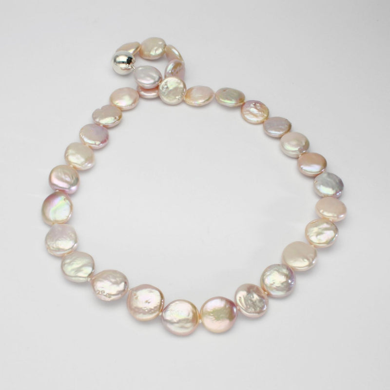 Pink coin pearl necklace with large round magnetic clasp